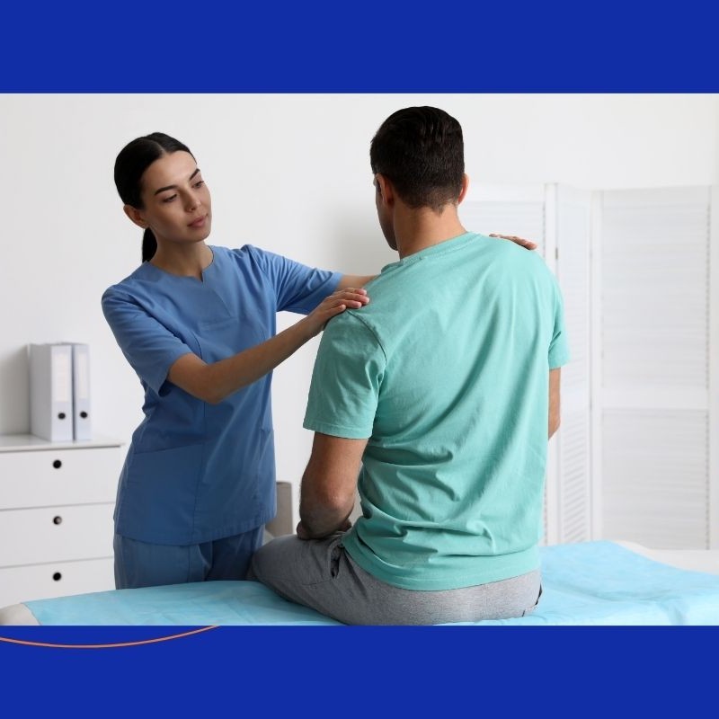 Healthcare professional assessing a patient’s back during a scoliosis consultation.