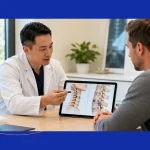 A spine specialist at The Advanced Spine Center explains the differences between cervical and lumbar artificial disc replacement to a patient.