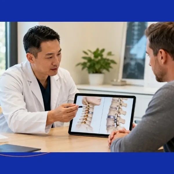 A spine specialist at The Advanced Spine Center explains the differences between cervical and lumbar artificial disc replacement to a patient.