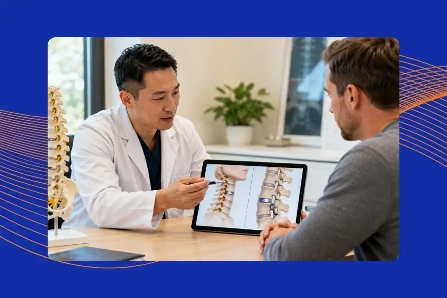 A spine specialist at The Advanced Spine Center explains the differences between cervical and lumbar artificial disc replacement to a patient.