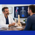 The Advanced Spine Center surgeon explains cervical and lumbar herniated disc treatment using a spine model during a patient consultation.
